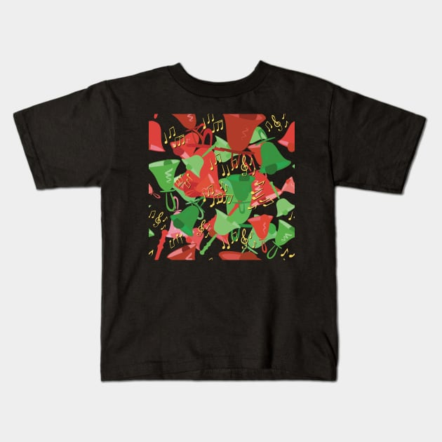 Christmas Chaos Colorful Handbells And Notes Holiday Pattern Kids T-Shirt by SubtleSplit